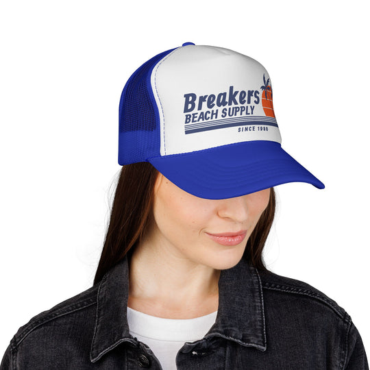 Breakers Beach Supply Trucker Cap — Retro Palm Tree Sunset Hat