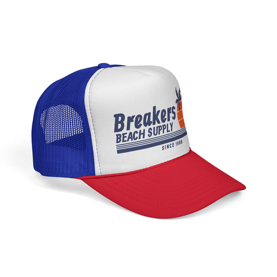 Breakers Beach Supply Trucker Cap — Retro Palm Tree Sunset Hat