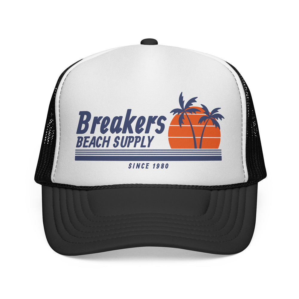 Breakers Beach Supply Trucker Cap — Retro Palm Tree Sunset Hat