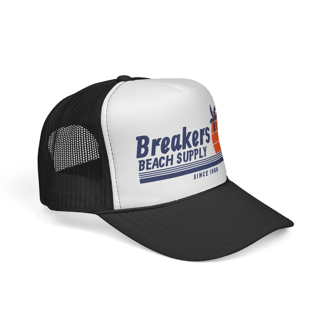 Breakers Beach Supply Trucker Cap — Retro Palm Tree Sunset Hat