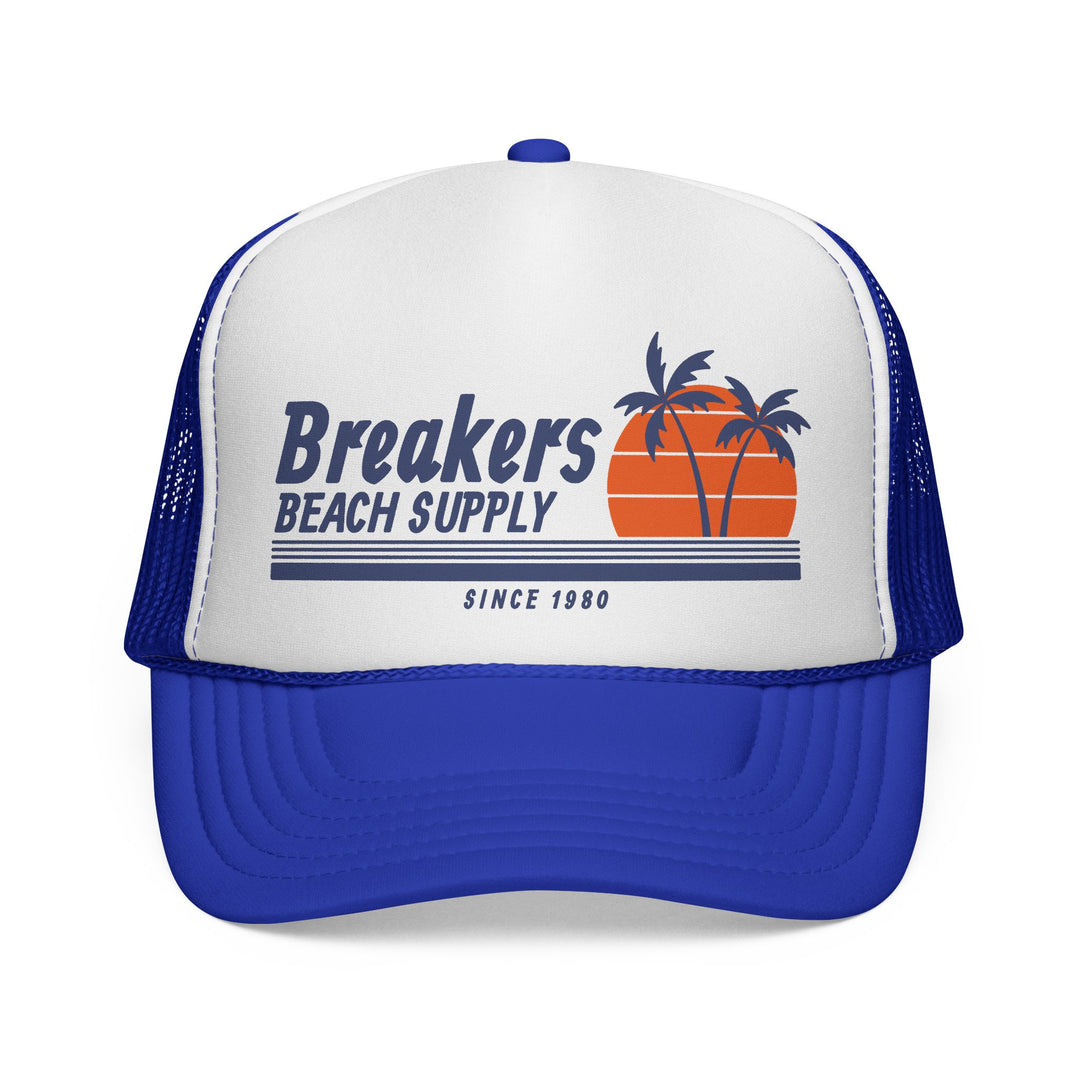 Breakers Beach Supply Trucker Cap — Retro Palm Tree Sunset Hat
