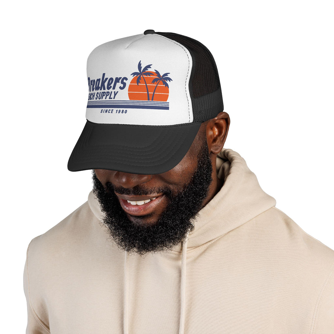 Breakers Beach Supply Trucker Cap — Retro Palm Tree Sunset Hat