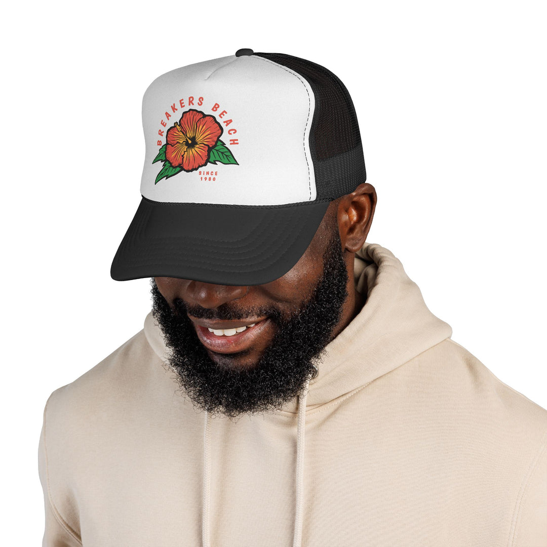 Breakers Beach Trucker Cap — Retro Hibiscus Surf Hat