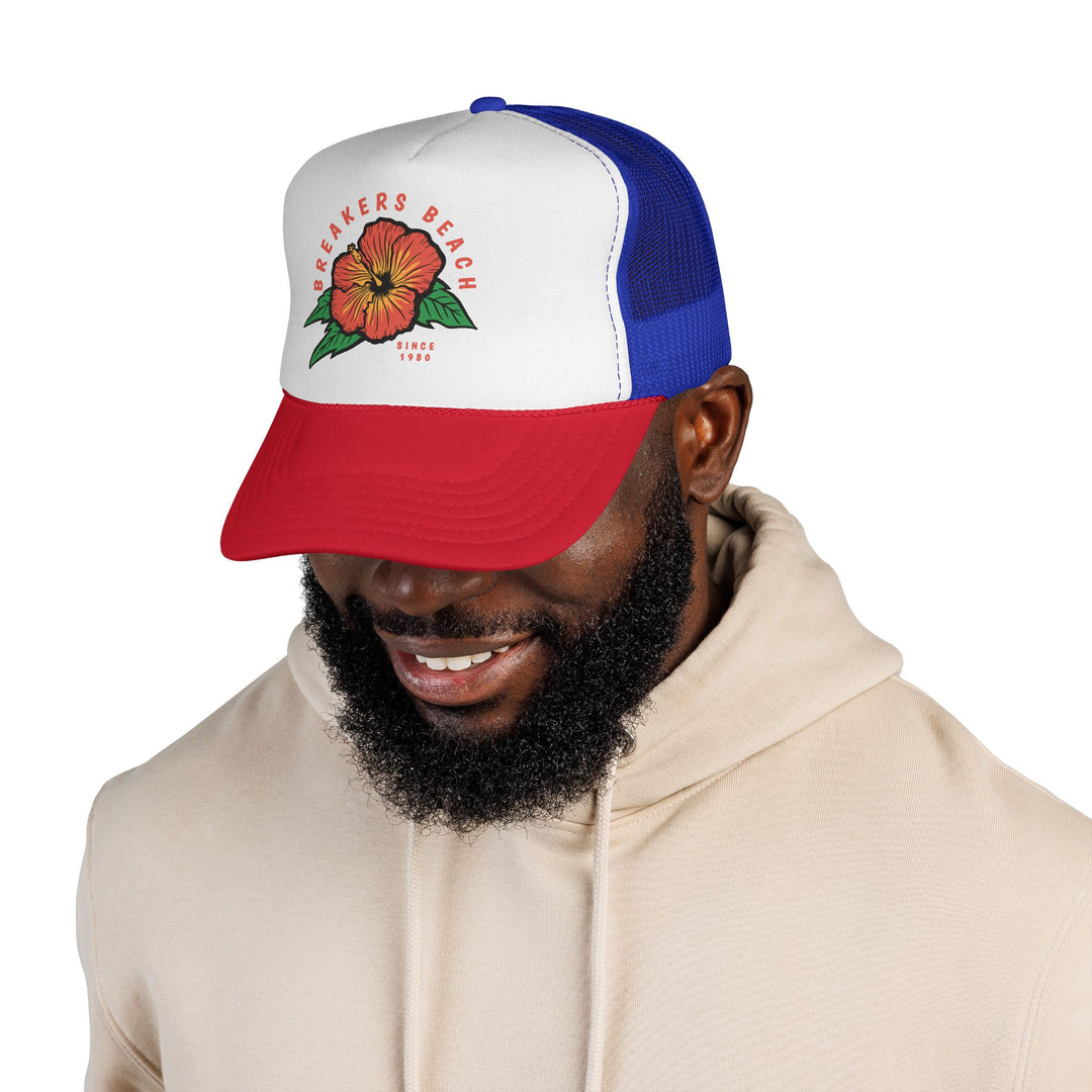 Breakers Beach Trucker Cap — Retro Hibiscus Surf Hat