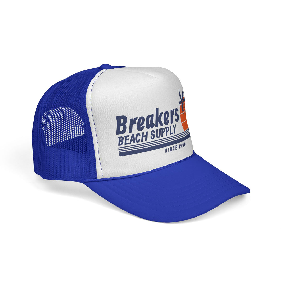 Breakers Beach Supply Trucker Cap — Retro Palm Tree Sunset Hat