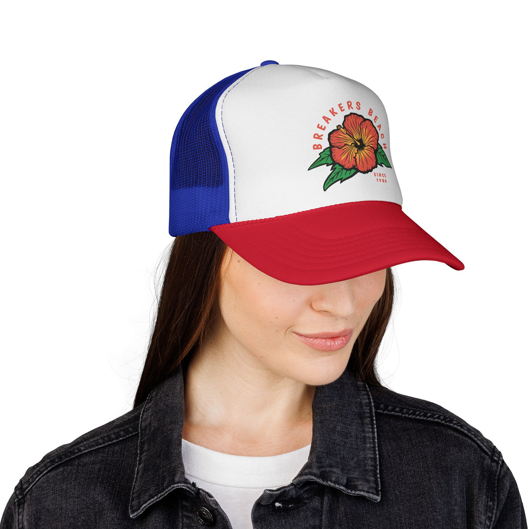 Breakers Beach Trucker Cap — Retro Hibiscus Surf Hat