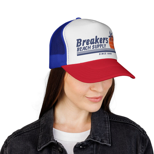 Breakers Beach Supply Trucker Cap — Retro Palm Tree Sunset Hat
