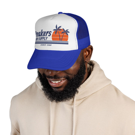 Breakers Beach Supply Trucker Cap — Retro Palm Tree Sunset Hat